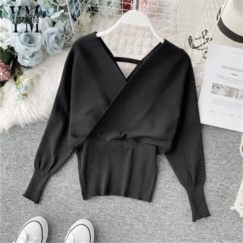 YornMoa Autumn Winter 2020 Sweater Black All Match Sweaters Elegant Long Batwing Sleeve Knit Sweater Women V-neck Pullover Tops