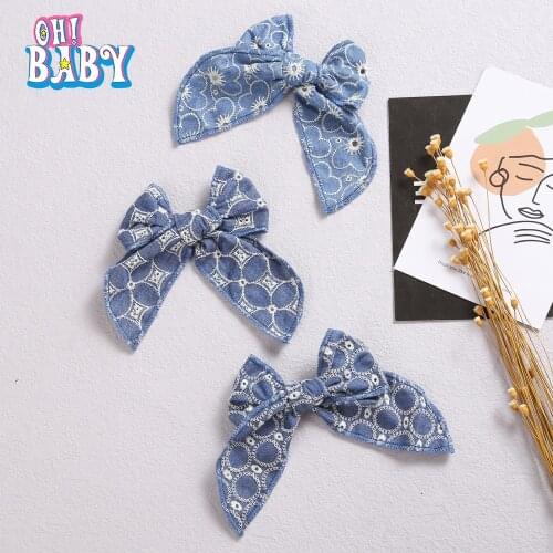 1Pcs Sweet Girl Bow Embroidery Baby Hairpins for Newborn Baby Jean Fabric Hair Clips Floral Barrettes Headwear Hair Accessories