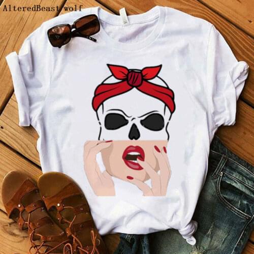 Women Face Skull Red Bandana Mom T-shirt 2020 Women Fashion Casual Funny Mama Tshirt Female Hip Hop Printed Short Sleeve Tops