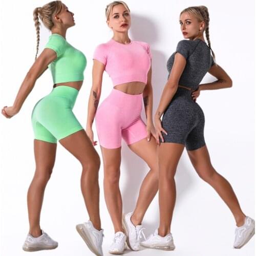 2pcs/Set Women Seamless Jogging Leggings Yoga Set Sports Suits Tracksuit Short Sleeve Breathable Summer Shorts Fitness Gym Sets
