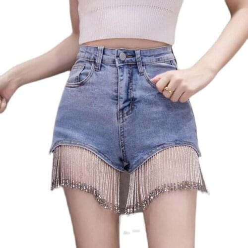 Vintage Button Summer 2021 New Fashion Tassel Stitching Shorts High-Waisted Jeans Pockets Sexy Women Pants Denim Jeans 732F