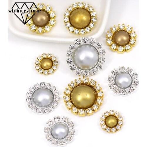 10Pcs Gold Sliver Pearl Buttons Flatback Rhinestone Buttons For Clothes/Hair Clip Jewelry Accessory Wedding Invitations Crafts