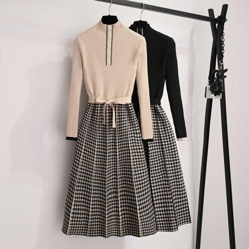2021 Spring Knitted Plaid Women Dress Long Sleeve Stand Collar Buttons Sashes Fashion Korean Office Party Dresses Vestidos Mujer