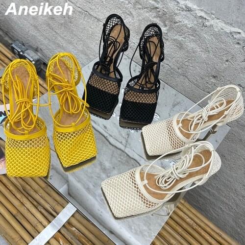 Aneikeh 41 42 2021 New Sexy Women Shoes Mesh Pumps Sandals Female Square Toe high Heel Lace Up Cross-tied Stiletto Party Shoes