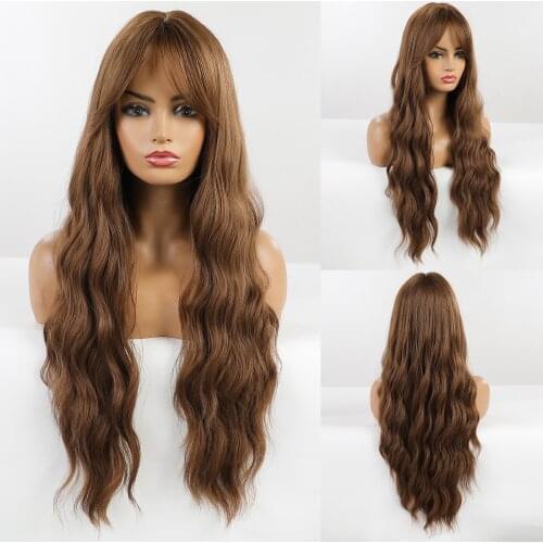 Long Wavy Brown Synthetic Wigs for Black Women Afro Natural Cosplay Daily Curly Wave Wigs with Bangs Heat Resistant Fiber Hair