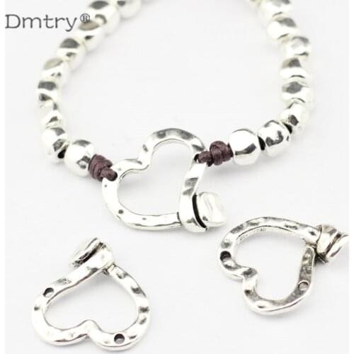Dmtry 5pcs Wholesale Silver Handmade Heart Bracelets Connectors Round Leather Cord Diy Bracelet Necklace Jewelry Findings LC0067