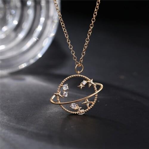 Elegant Crystal Planet Moon Charm Chain Necklace For Women 2021 Fashion Gold Rhinestone Star Cross Pendant Necklaces Jewelry