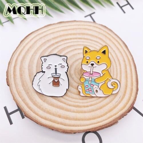 Cartoon cute sweet animal enamel brooch cat dog drinking water love pin alloy badge woman clothes bag jewelry gift for friends