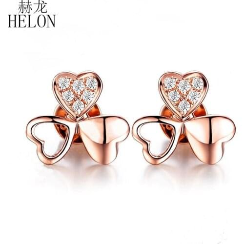 HELON Women Diamonds Fine Jewelry Earrings Solid 18K Rose Gold Delacate Clover Fine Natural Diamonds Anniversary Stud Earrings