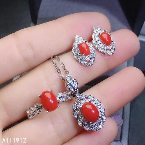 KJJEAXCMY fine jewelry natural red coral 925 sterling silver women gemstone pendant earrings ring set support test luxury