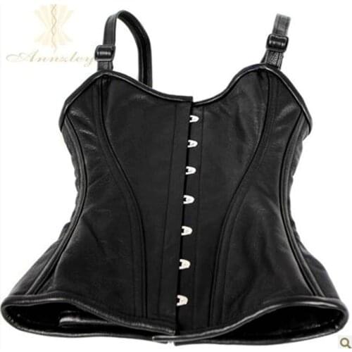 100% Genuine Leather Fullly Steel Boned Black Shoulder Strap Corset Top
