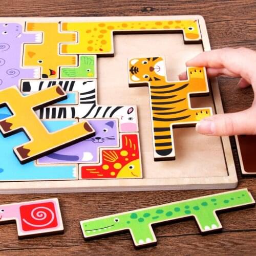 Cartoon Kids Wooden Puzzle Toy Traffic Animal Jigsaw Montessori Brain Teaser Cognition Learning Educational Toys For Children