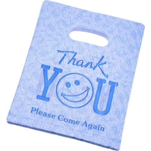New Design Wholesale 100pcs/lot 20*25cm Luxury Blue Thank You Shopping Packaging Bags Plastic Smile Face Gift Bags