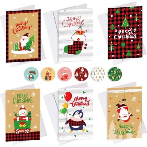 6Sets Merry Christmas Gift Card Santa Claus Penguin Postcards Xmas Party Invitation Greeting Card with Envelope Sticker