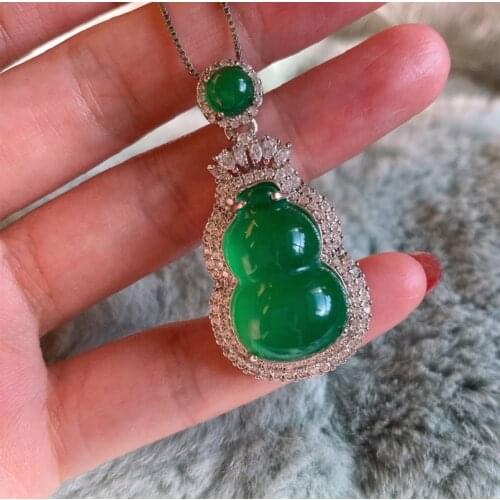 QTT Luxury Gourd Green Emerald Gemstones Diamonds Pendant Necklaces For Women Silver 925 Choker Jewelry Party Gift