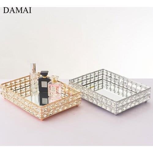 Nordic Light Luxury Crystal Trays Decorative Metal Glass Jewelry Perfume Storage Display Tray Cosmetic Organizer Home Decoration