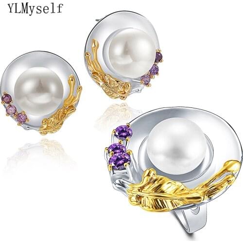 New Beautiful Big Silver color Earrings Ring Sets Big Pearl Purple CZ 2 pcs set Female Fashion Jewelry