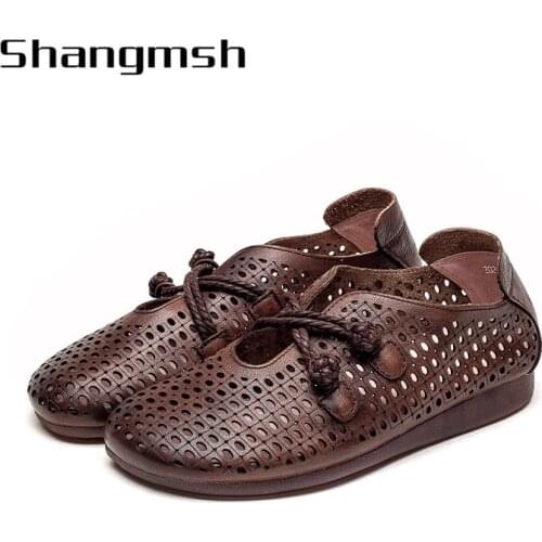 Womens Flats Shoes Women loafers Ladies Shoes Slip on Flats Genuine Leather Shoes woman Hollow footwear 2115