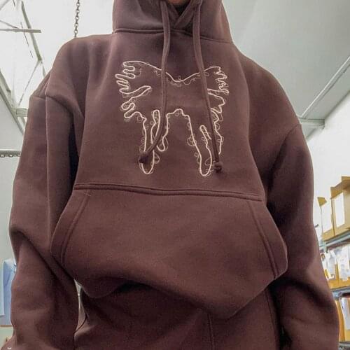 YiYiMiYu Butterfly Brown Sweatshirts Oversized Long Sleeve Pullovers y2k Hooded Pockets Sporty Tops Women Autumn Winter 2021