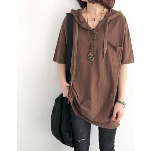Cotton Loose Women T-Shirts Summer Vintage Hooded V-Neck Solid Pocket Drawstring Casual All Match Female Pulls Tops Tees