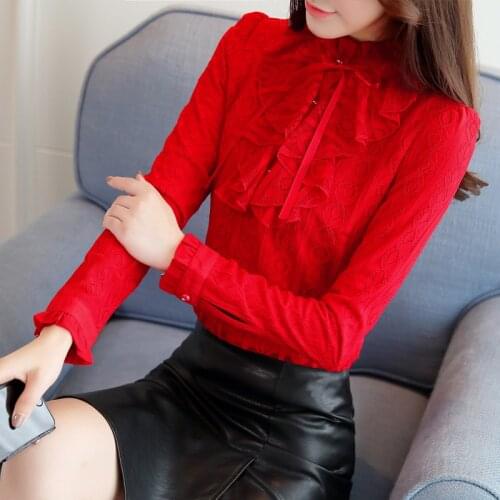 Elegant 2020 Autumn Winter Women Lace Puff Sleeve Bottom Shirt Blouse Female High Neck Long Sleeve Ruffled Tops Femina Blusa