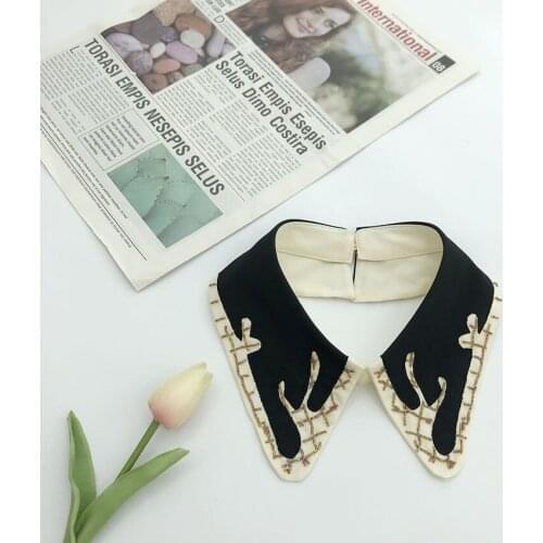 Women Embroidery Lace Flower Bandage Chiffon Neckline Fake Collar Sleeve Rhinestone Detachable False Collar Lapel Blouse Tops