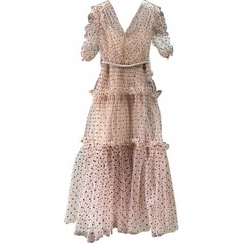 2021 Summer New Arrive Womens Dress Front And Back V-Neck Sexy Wave Point Mesh Slim Long Midi Dress 2 Pieces Sets With Belt