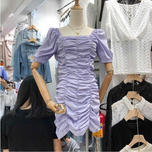 Summer Women Vintage Wrinkled Drawstring Purple Dress Square Collar Retro Mini Dress Puff Short-sleeved Bodycon Irregular Dress