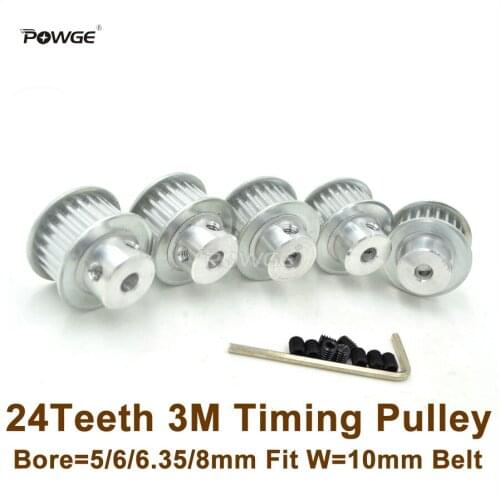 POWGE 5pcs 24 Teeth 3M Timing Pulley Bore 5/6/6.35/8mm Fit Width 10mm HTD 3M Belt 24T 24Teeth HTD 3M Pulley CNC Engraving