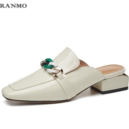 2021 Ins Hot Women Black Shoes Metal Decoration Thick Heels Women Mules Genuine Leather Office Lady Shoes Woman Summer Slippers