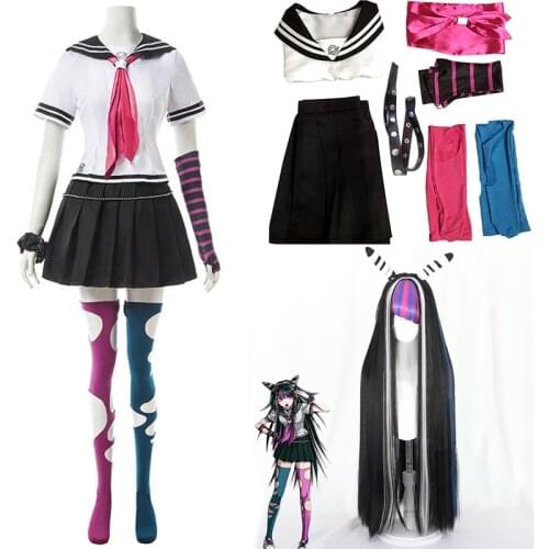 7PCS Ibuki Mioda Cosplay Custome Dangan Ronpa 2 Goodbye Despair Shirt Skirt Long Wig School Girl JK Uniform Set Halloween C80C07