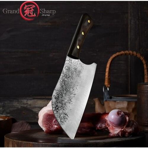 8'' Butcher Knife Chinese Handmade Forged Kitchen Knife High-carbon Stainless Steel Meat Cleaver Chef Knives Gift Box Grandsharp