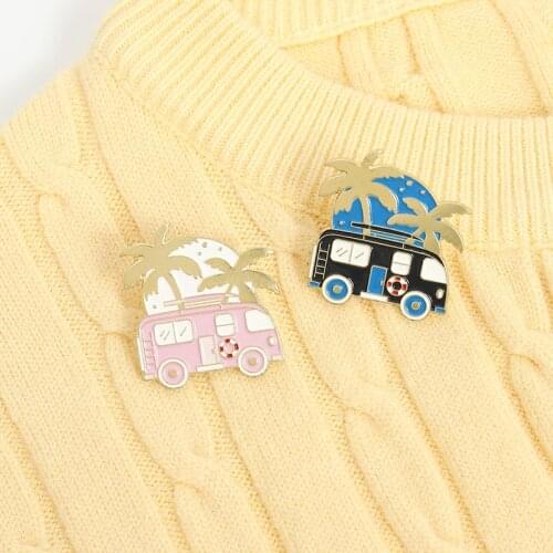 Coconut Tree and Bus Enamel Pin Black Pink badge brooch Lapel Denim Jeans shirt bag Graffiti type Gift for young people