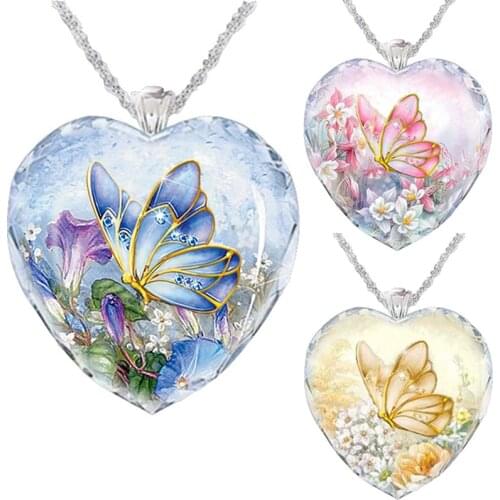 Elegant Fashion Crystal Butterfly Heart Pendant Blue/Red/Gold Butterfly Pendant Necklace Women Wedding Necklace Anniversary Gift