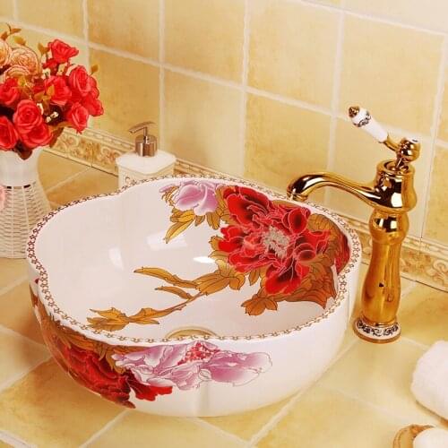 Chinese Handmade Artistic Ceramic wash basin Bathroom Sink flower shape