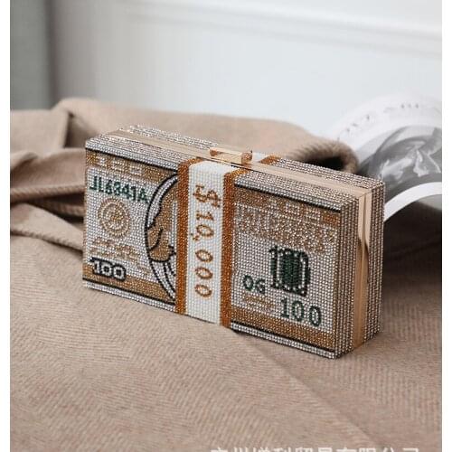 Money Clutch Rhinestone Purse 10000 Dollars Stack of Cash Evening Handbags Shoulder Wedding Dinner Bag 8 Color