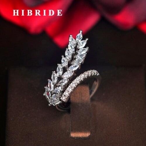 HIBRIDE New Design Leaf shape AAA Cubic Zircon Adjustable Rings For Women Wedding Open Ring Fashion Jewelry Anillos Mujer R-213