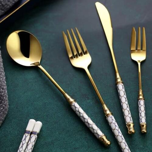 Kitchen Dessert Spoon Stainless Steel Coffee Milk Spoon With Ceramic Long Handle Spoon Gold-plated Dessert Spoon