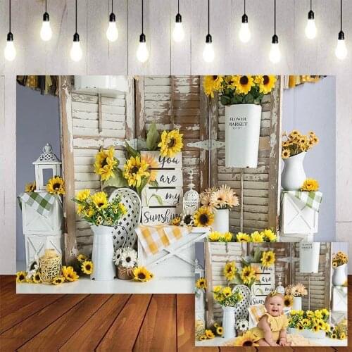 Mehofond 1st Birthday Photography Background Wooden Door Sunflower Flower Birthday Party Baby Shower Decor Backdrop Photo Studio