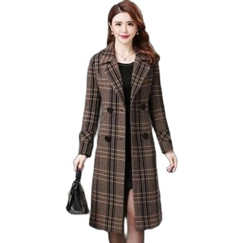 New Classic coat Middle age clothing Lattice Woolen coats female Autumn winter large size Ladies coats slim long Wool coats 4XL