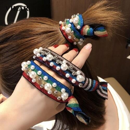 Girls Fashion Leopard Elastic Hair Band Scrunchie Women Cute Pearl Rivets Ponytail Holder Hair Rope Rubber Band Hair Accessories