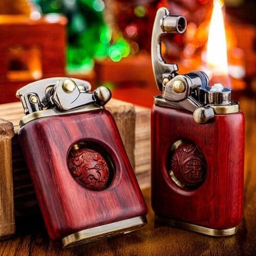 New Retro-style Sandalwood Woodcarving Rotary Rocker Lighter Pure Copper Rosewood Grinding Wheel Can Rotate Lucky Birthday Gifts