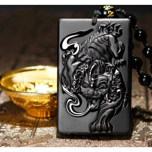 Natural Black Obsidian Beads Necklace Hand-Carved Tiger Jade Pendant Fashion Charm Jewellery Amulet Gifts for Men Jewelry