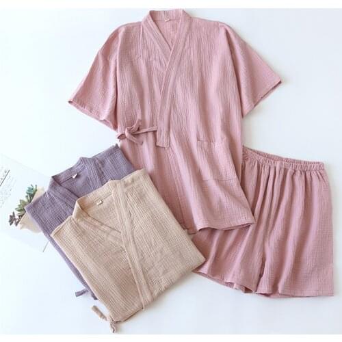 3Colors Japanese Kimono 2021 Summer New Pajamas Sets Women Thin Cotton Short Sleeve Tops Shorts Casual Loose Soft Sleepwear