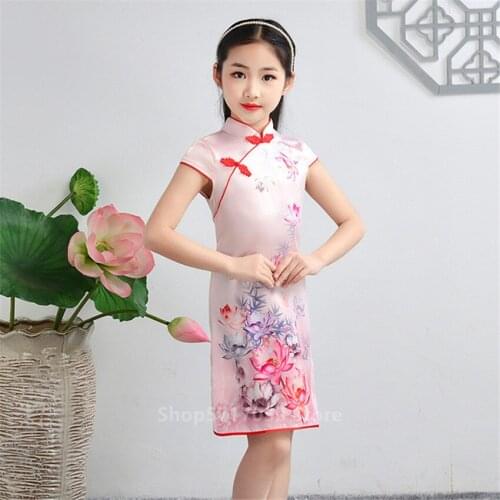 Summer Chinese Flower Print Silk Qipao Kids Baby Girls Traditional Princess Dress Cheongsam Short Sleeve Retro Vintage Vestido