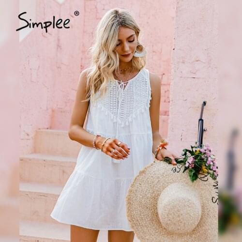 Simplee Ethnic style v-neck hollow out lace up dress Elegant retro sleeveless white dress Summer holiday woman short dress 2021