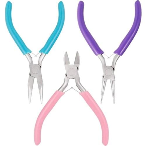 3-Color Manual Pliers DIY Jewelry Making and Repairing Tools Blue Needle-Nose Pliers Purple Round-Nose Pliers