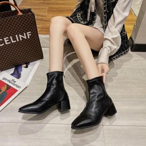 2021 New spring and fallSimple Book Square Toe Mid-heel Square Heel Zipper Womens Boots