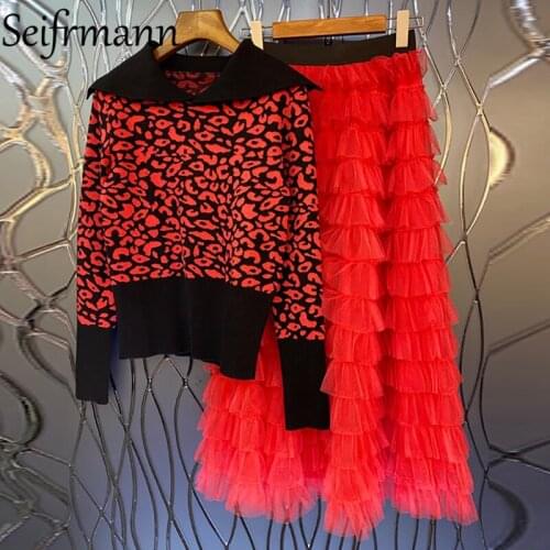 Seifrmann New 2021 Autumn Women Fashion Designer Skirts Set Long Sleeve Knitting Tops + High Waist Mesh Skirts 2 Two Pieces Suit