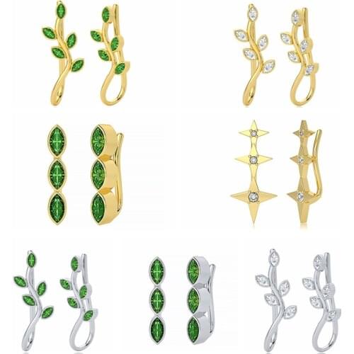Aide 925 Sterling Silver Green Leaf Branch Stud Earrings Clear Oval Zircon Star Ear Stud Ear Climbers Wedding Jewelry Women Gift